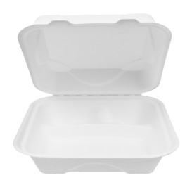 Suikerriet Gescharnierd Container "Menu Box" 3 Compartmenten wit 20x20x7,5cm (200 stuks)