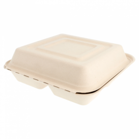 Suikerriet Gescharnierd Container "Menu Box" 3 Compartmenten 25x25x7,5cm (250 stuks)