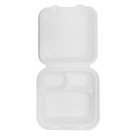 Suikerriet Gescharnierd Container "Menu Box" 3 Compartmenten wit 20x20x7,5cm (200 stuks)