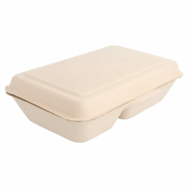 Suikerriet Gescharnierd Container "Menu Box" 2 Compartmenten 22,5x16,5x6,4cm (50 stuks) 