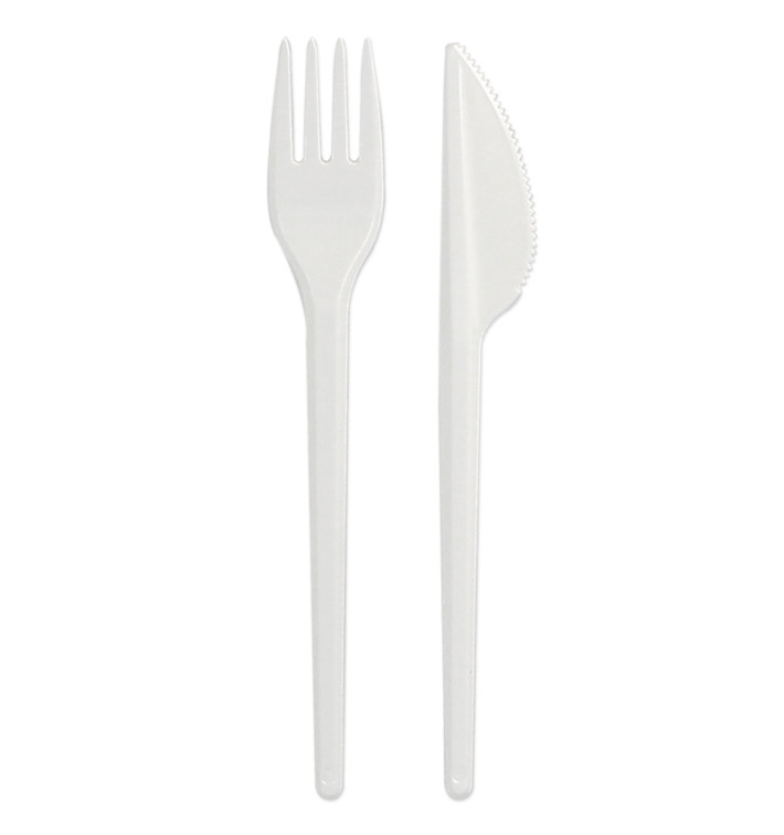 Plastic PS bestekset vork en mes wit (1.000 stuks)
