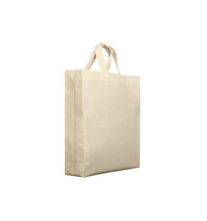 Niet geweven PREMIUM tas met korte hengsels crème 25+10x30cm (25 stuks)