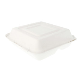 Suikerriet Gescharnierd Container "Menu Box" wit 3 Compartmenten 25x25x7,5cm (250 stuks)