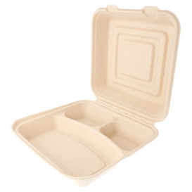 Suikerriet Gescharnierd Container "Menu Box" 3 Compartmenten 25x25x7,5cm (50 stuks) 