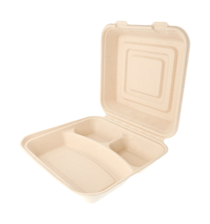 Suikerriet Gescharnierd Container "Menu Box" 3 Compartmenten 25x25x7,5cm (50 stuks) 