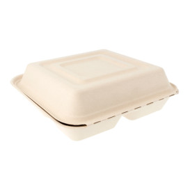 Suikerriet Gescharnierd Container "Menu Box" 3 Compartmenten 25x25x7,5cm (50 stuks) 