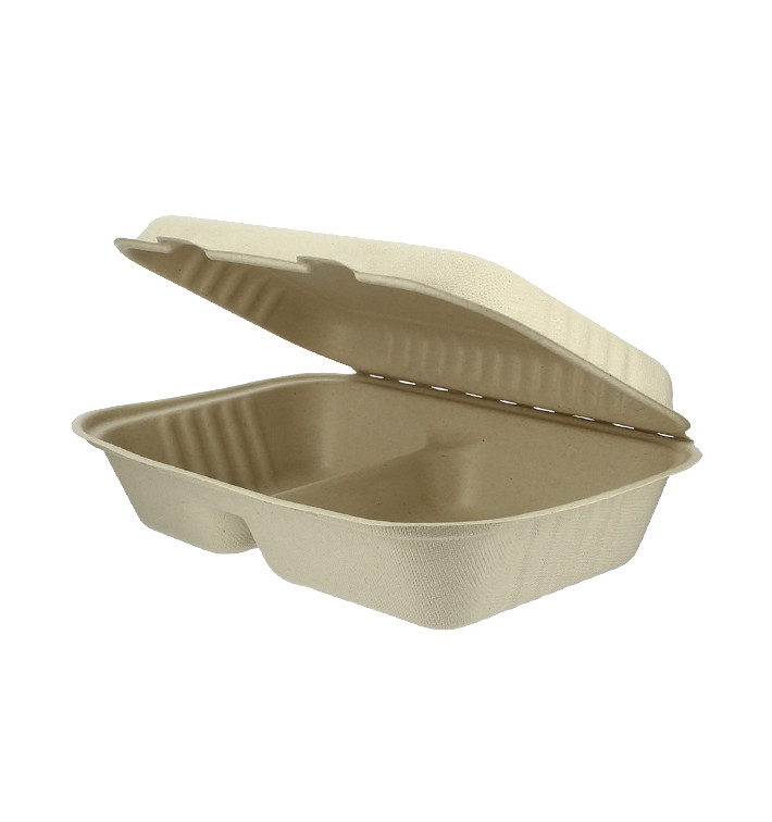 Suikerriet Gescharnierd Container "Menu Box" 2 Compartmenten 22,5x16,5x6,4cm (50 stuks) 