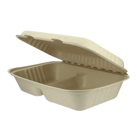 Suikerriet Gescharnierd Container "Menu Box" 2 Compartmenten 22,5x16,5x6,4cm (50 stuks) 