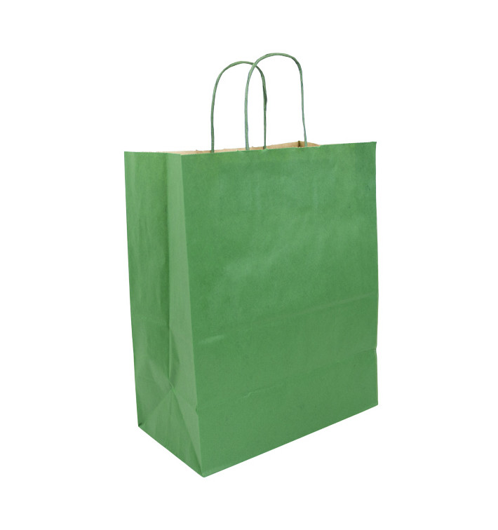 Sac en Papier Kraft Vert avec Anses 80g/m² 26+14x32cm (250 Utés)