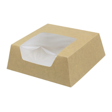 Papieren cake doosje met venster kraft 14x14x5cm (25 stuks)