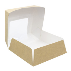 Papieren cake doosje met venster kraft 14x14x5cm (25 stuks)