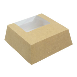 Papieren cake doosje met venster kraft 14x14x5cm (25 stuks)