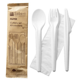 Kit Couverts Carton Kraft Fourchette, Couteau, Cuillère et Serviette (300 Utés)