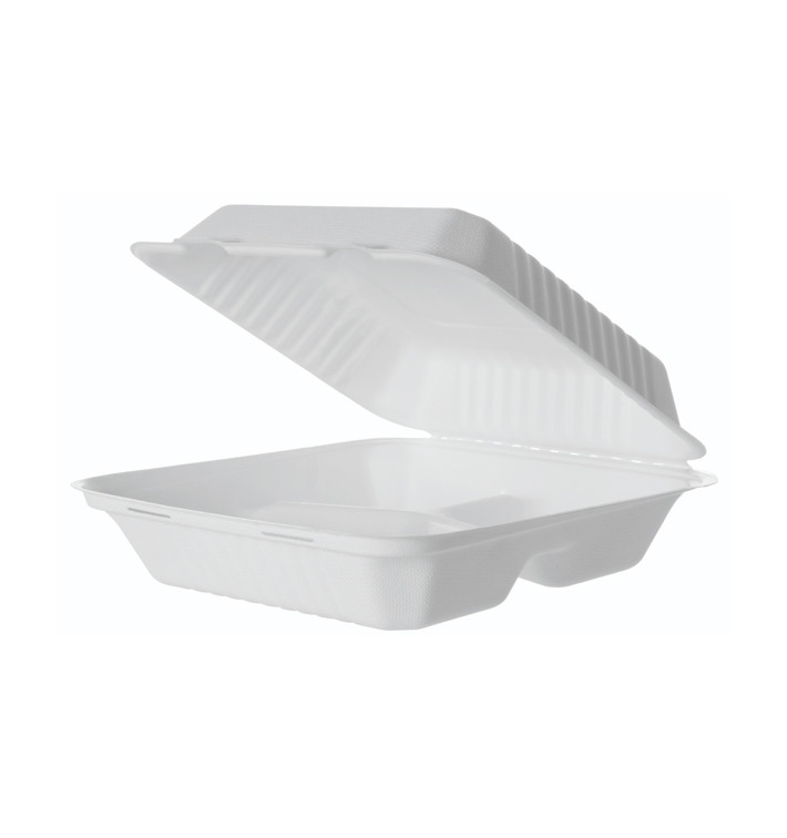 Suikerriet Gescharnierd Container + PLA wit 3C 23x23x7,5cm (200 stuks)