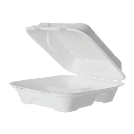 Suikerriet Gescharnierd Container "Menu Box" 3 Compartmenten wit 20x20x7,5cm (200 stuks)