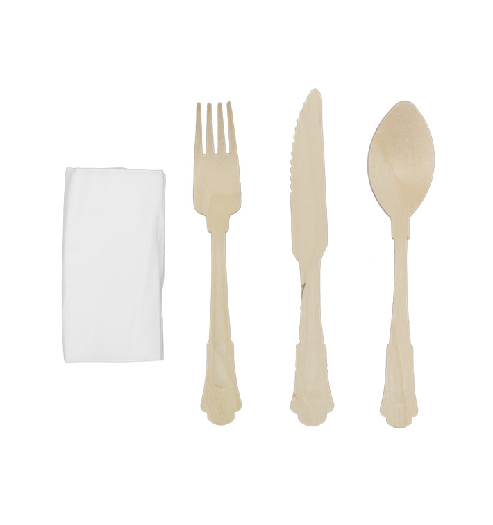 Set de Fouchette, Couteau, Cuillère et Serviette en Bois “Classic” 20cm (100 Utés)