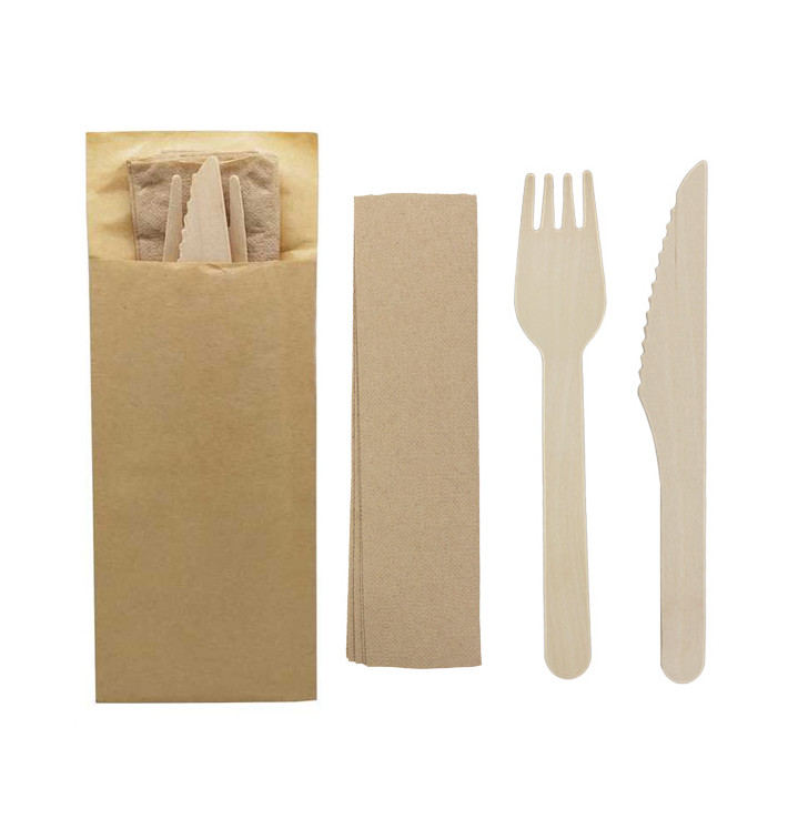 Set Couverts Bois Fourchette, Couteau et Serviette (50 Utés)