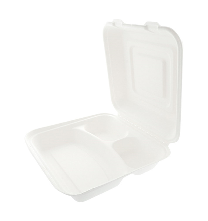 Suikerriet Gescharnierd Container "Menu Box" wit 3 Compartmenten 25x25x7,5cm 