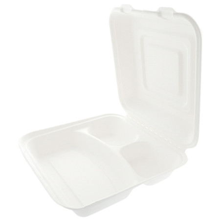 Suikerriet Gescharnierd Container "Menu Box" wit 3 Compartmenten 25x25x7,5cm (250 stuks)