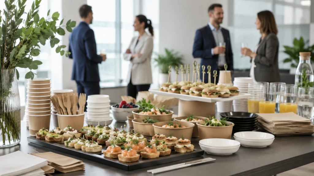 Texte ALT : Catering d’entreprise avec vaisselle pour réunions et événements professionnels