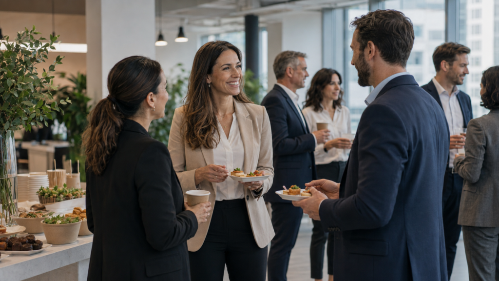 Catering empresarial num evento de networking com pequenos aperitivos
